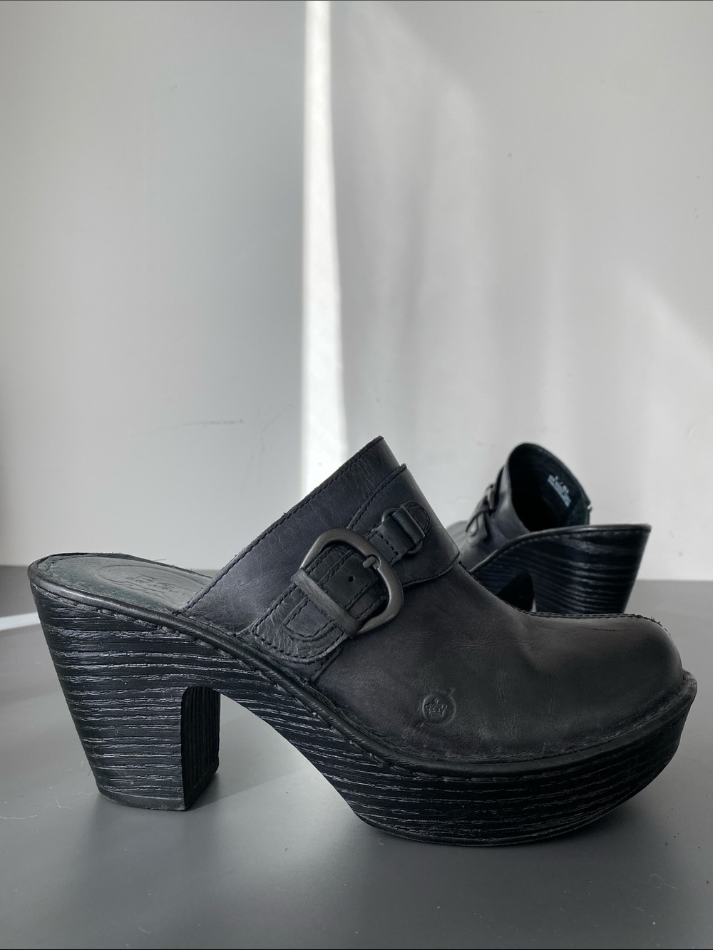 Born Black Leather Buckle Platform Clogs Sz 9